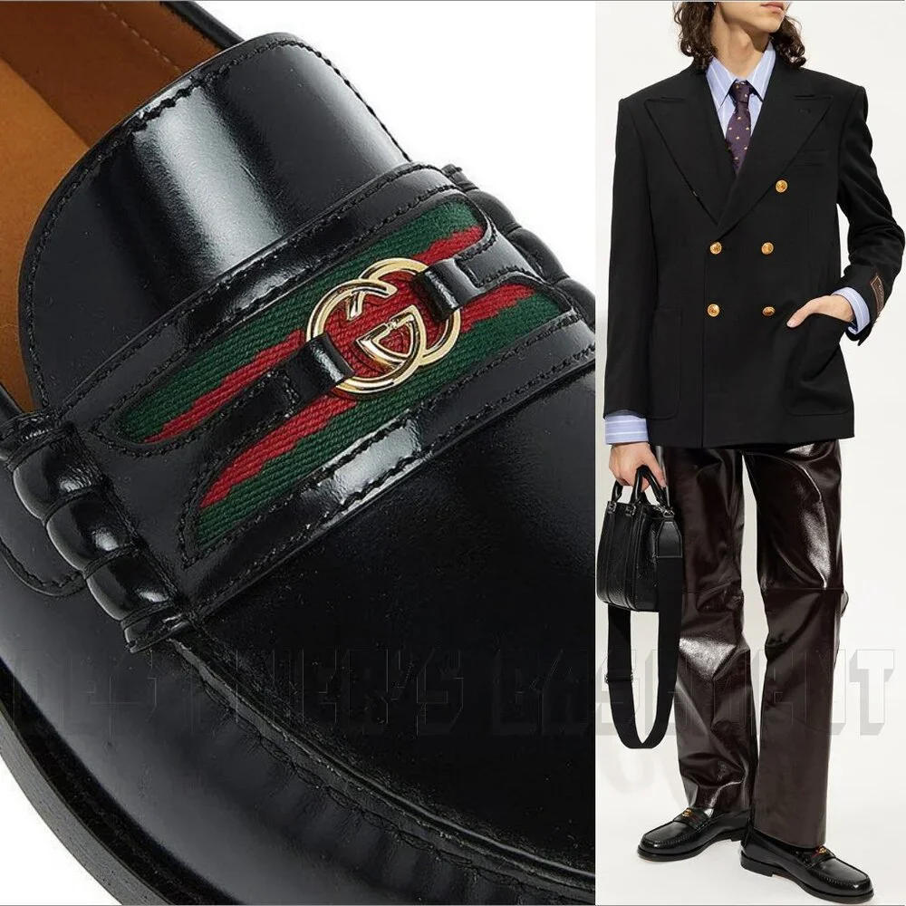 Gucci 13 black KAVEH polished Leather DOUBLE G WEB detail Loafer Shoes NIB - Picture 6 of 13